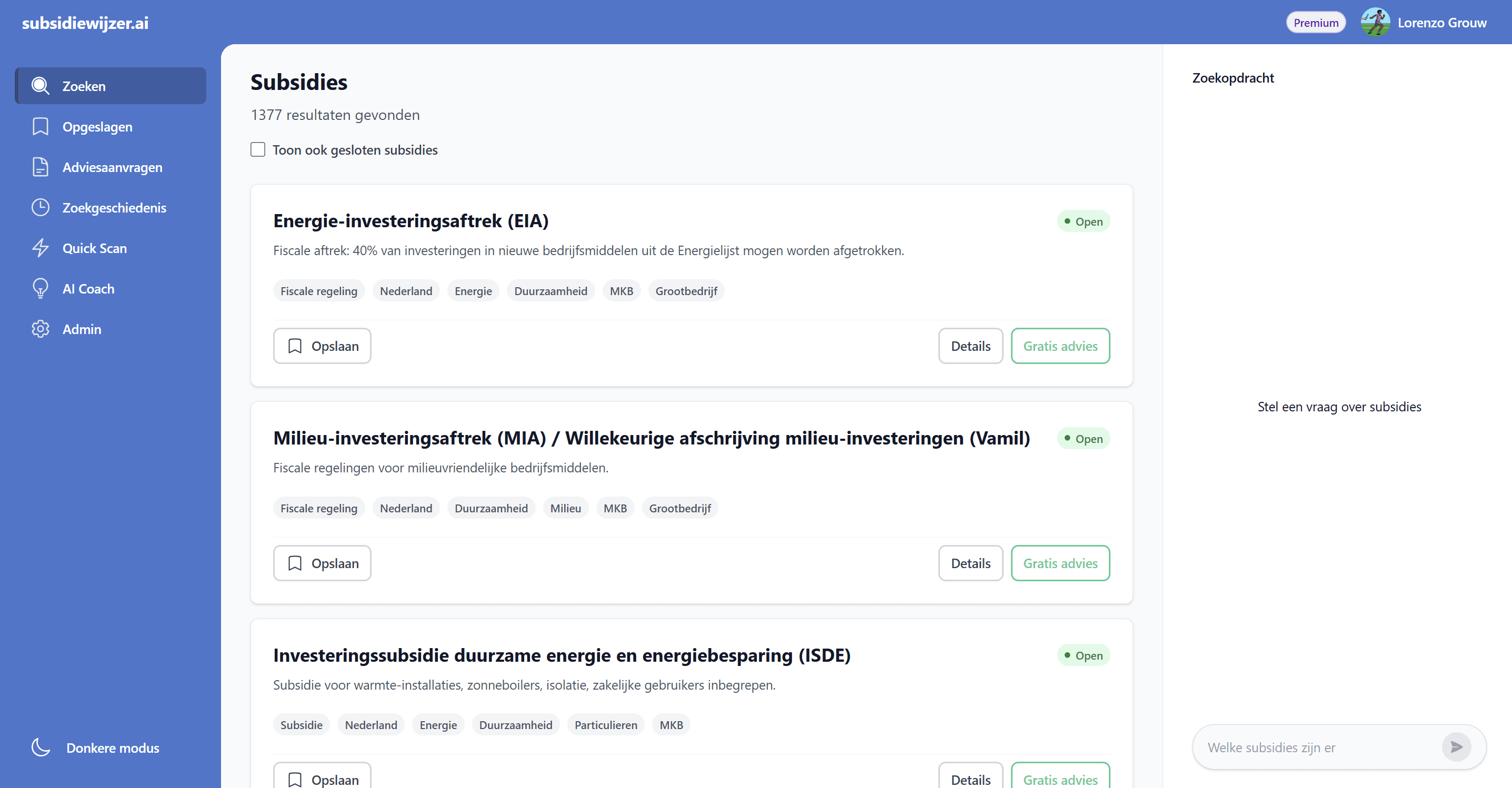 subsidiewijzer.ai platform screenshot